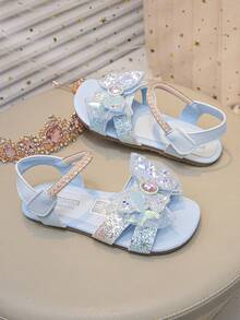 女童公主凉鞋，新款夏季美人鱼蝴蝶结水钻鞋，儿童软底防滑沙滩凉鞋 - 藍色 - 查看 3