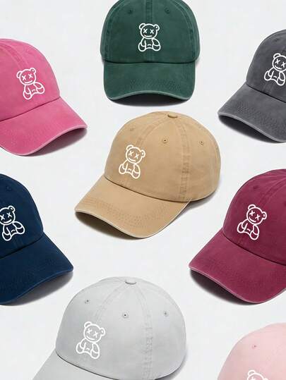 1顶做旧水洗条纹小熊印花休闲棒球帽，柔软帽冠，帽檐，韩版风格，适合日常佩戴