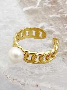 1 pièce Bague réglable en acier inoxydable plaqué or 18 carats avec chaîne cubaine et perle, convient pour les occasions quotidiennes, les trajets et les rendez-vous - R0235-02 - Voir 5