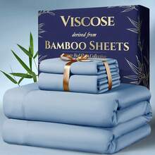 Sheet&Joy 4pcs Bamboo Cooling Bedding - Extra Deep Pocket Breathable And Cooling 200gsm- Suitable For Hot Sleepers And Sweats, Pillowcases, Flat Sheet And Fitted Sheet - A Perfect Gift For Family, Queen And King Sizes, Next Day Delivery - Light Blue - 查看 7