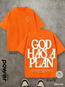 Jesus Tee God Has A Plan Graphic Tee Double-Sided Print Washed T-Shirt Holiday Gifts Y2K Men's Graphic Tees, Street - Style Vintage Washed T - Shirts, 230G Cotton T - Shirts, 100% Pure Cotton, Unisex Graphic Tees Halloween Back To School ShirtsNew Casual T-Shirts For Men And Women - 橘色 - 查看 1