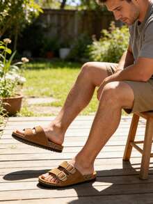 男士软木底套脚穆勒凉鞋，舒适鞋垫，休闲夏季户外沙滩拖鞋，男女通用情侣鞋，男士平底凉鞋 - 卡其色 - 查看 14