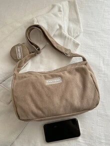 1 chiếc túi xách nữ màu kaki nhung kẻ, khóa kéo trơn, trang trí chữ, thời trang, đa năng, màu trơn tối giản, hàng mới về mùa xuân, kiểu dáng Niche, đeo chéo vai 2 mảnh, phù hợp cho nữ sử dụng hàng ngày. - Màu Khaki - Xem 3