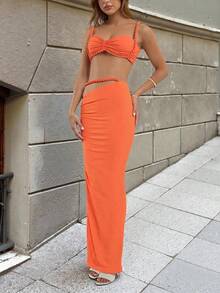 Women's Sexy Backless Camisole And Pleated Long Skirt Set, Summer Vacation Outfit - 橘色 - 查看 6