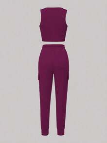 New Summer Women 2pcs Set, Casual Comfortable Solid Sleeveless Tank Top & Elastic Waist Pocket Long Pants - Màu tím 262 - Xem 6