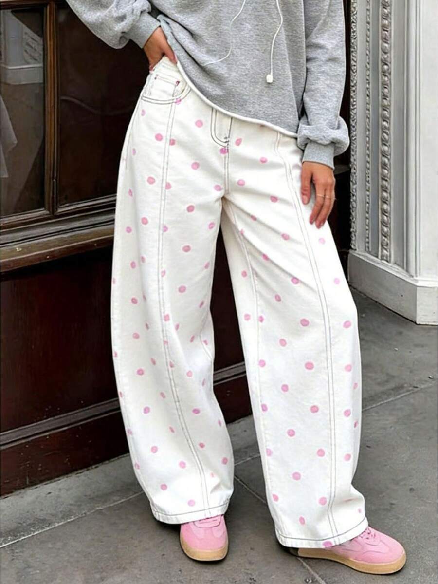 Women's 2026 Polka Dot Barrel Jeans Curved Sword Pants Boyfriend Y2K Casual Wide Leg Mid Rise Denim Pants - 粉色 - 查看 1