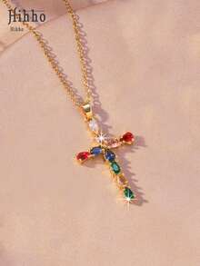 Hihho 1件简约奢华闪亮锆石十字架吊坠项链，优雅中性珠宝，寓意深刻，适合作为送给女友、闺蜜或节日礼物 - 金黃色 - 查看 5