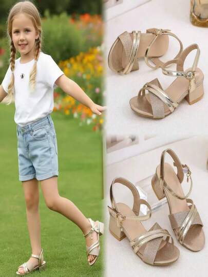 1双金色亮片高跟鞋，女童款，亮面皮革交叉绑带，圆头粗跟凉鞋，金属搭扣，时尚公主风坡跟鞋，适合休闲、度假、上学、派对、春夏穿着。