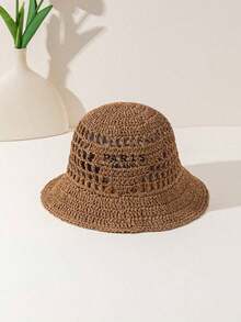 1pc Women's Fashionable Bohemian Inverted Triangle Letter Embroidery "Paris Milano" Handmade Crocheted Straw Hat, Suitable For Beach Resort Outfits - 卡其色 - 查看 3