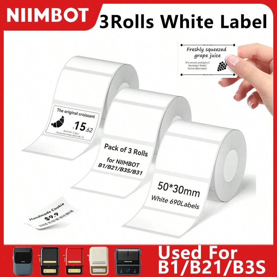 Giấy in nhãn trắng NIIMBOT 3 cuộn, tương thích với máy in nhiệt mini Bluetooth NIIMBOT B1 B21 B3S, chống thấm nước và chống dầu.