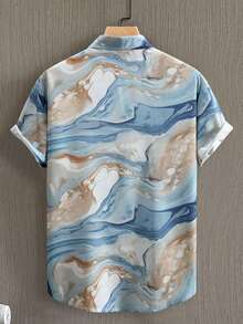 Flowing Ocean Waves And Soft Marble Textures Blend In Calm Blue Tones Symbolizing Freedom And Elegance 3D Print Casual Short Sleeve Men's Shirt Summer Beach Fashion Top - 白色 - 查看 2