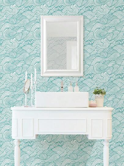 复古波浪壁纸，绿色，海洋海岸主题，自粘壁纸，手绘风暴波浪图案，适用于橱柜、浴室和卧室的自粘壁纸。