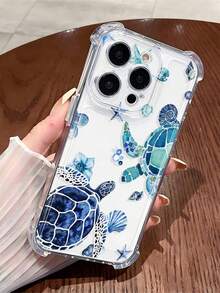 1pc TPU Material Ocean Element Sea Turtle, Starfish, Flower, Shell Pattern Shockproof Transparent Phone Case, Suitable For IPhone 16/16 Pro Max/15 Plus/14/13/12/11/7/8 - Clear - View 1