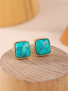 1Pair Elegant Jewelry 10MM Square Synthetic Turquoise Stone Claw Setting Stud Earrings For Women Gifts Daily Wedding - Mint Blue - View 2