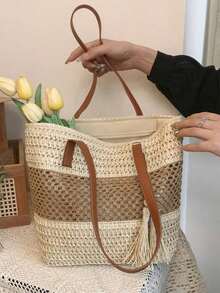 A New Stylish Vacation-Style Women's Beach Tote Bag, Lightweight Hand-Woven Straw Shoulder Bag With Contrasting Color Stripes And Tassel Decoration, Casual Woven Handbag With Zipper Closure, Perfect For Vacations And Travel, A Must-Have For Vacations, Beach Bag, Summer, Vacation, Woven Bag. - 米色 - 查看 4