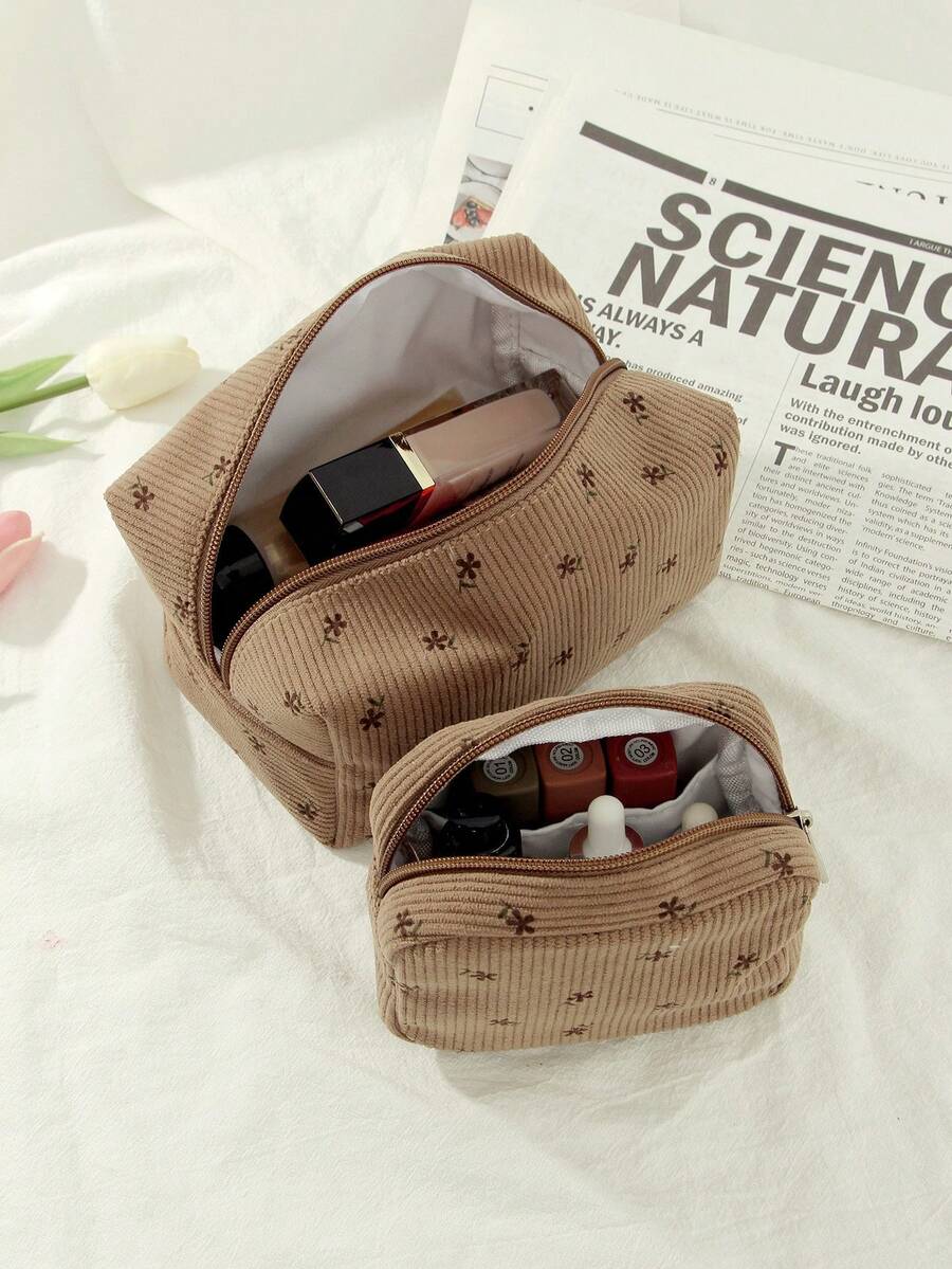 2 Pieces Set / 1 Brown Floral-Patterned Octagonal Makeup Bag, A Fashionable And Casual Large-Capacity Portable Zipper Makeup Bag Suitable For Travel And Vacation, A Must-Have Makeup Bag For Essential Items - Brown - View 1