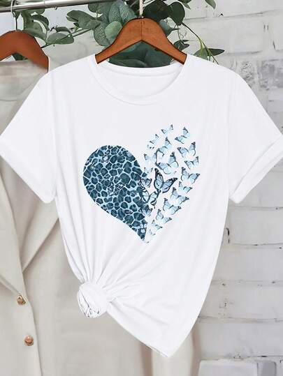 Plus Size Short Sleeve Round Neck T-Shirt With Butterfly Heart Print High Stretch Fabric