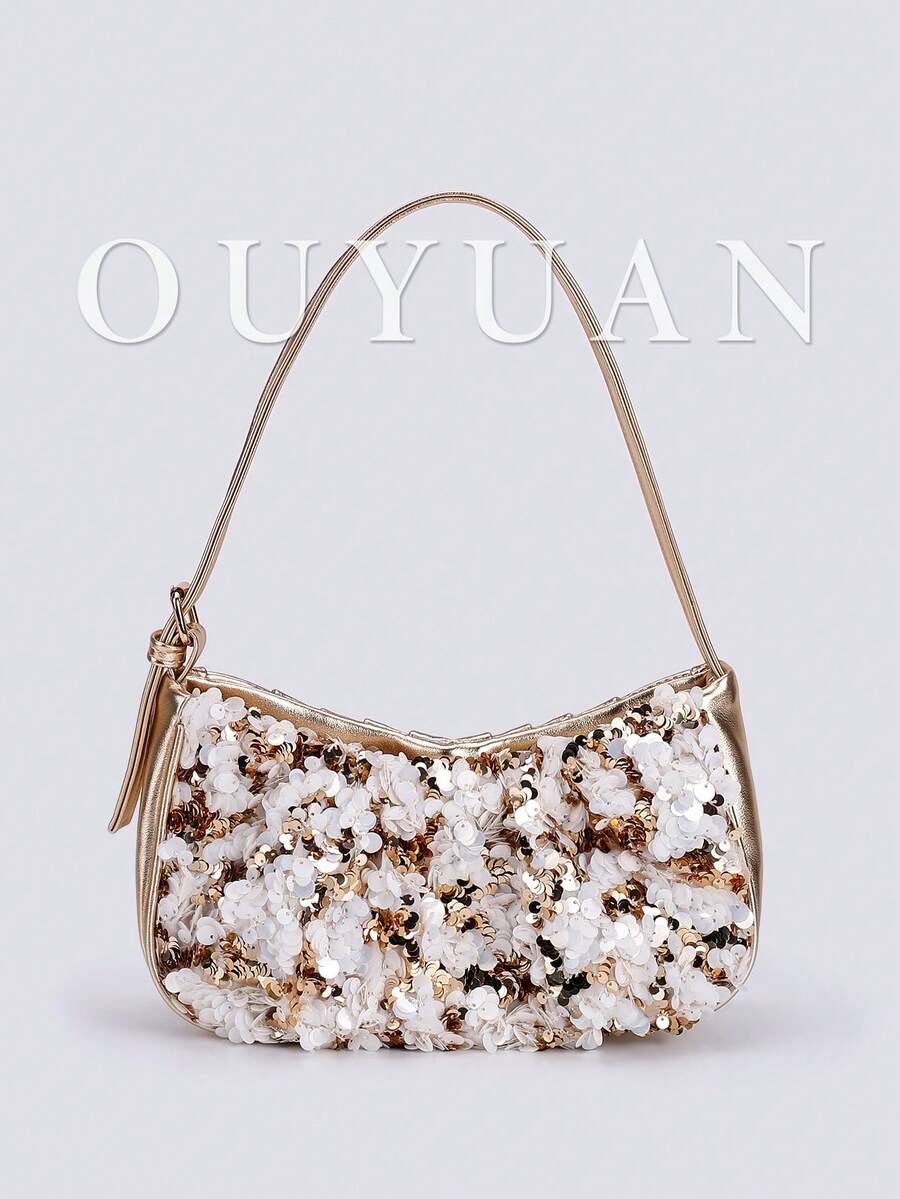 1 chiếc túi đeo vai nữ màu vàng và trắng đính sequin, kiểu dáng thời trang và thanh lịch, túi dự tiệc cao cấp. - Vàng - Xem 1