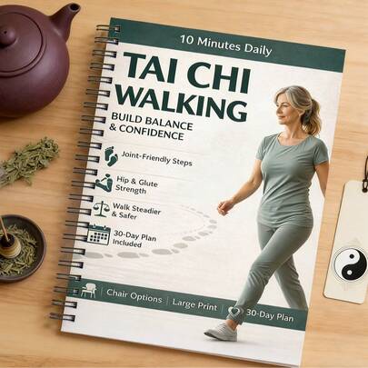 1 Stück Tai Chi Gehen: 10 Minuten täglich 30-Tage-Plan. Gelenkfreundliches sanftes Übungsbuch, um Gleichgewicht, Selbstvertrauen und Hüft-/Gesäßkraft aufzubauen. Sichereres und stabileres Gehen-Handbuch mit Stuhl-Optionen. Großer Muster für Senioren und Genesung des Gleichgewichts. Ideales Geschenk für Senioren, Rekonvaleszenz nach Verletzungen und Wellness-Enthusiasten.