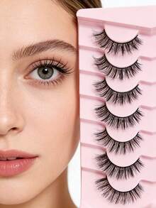 New 7 Pairs 6D Fluffy False Eyelashes, Soft Fluffy, Handmade, Reusable, Short Natural Style, 3D Stereoscopic Mink False Eyelashes, 3D Cilioss False Eyelashes, Strip False Eyelashes, Eyelashes, False Eyelashes - Black - View 3