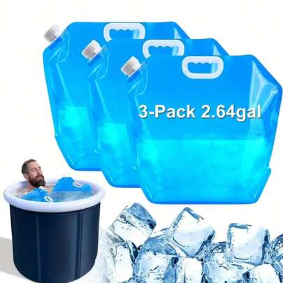 3个装可折叠耐用防漏蓝色聚乙烯水袋，带便捷提手，适用于户外活动、紧急情况、露营、徒步旅行、旅行和冰浴。