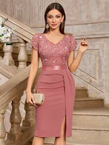 MIUSOL Elegant Sequin Lace Puff Sleeve Ruched Split Thigh Cocktail Party Bodycon Dress,Semi Formal Women Dress,For Wedding Guest, Graduation, Dinner - Dusty Pink - View 4