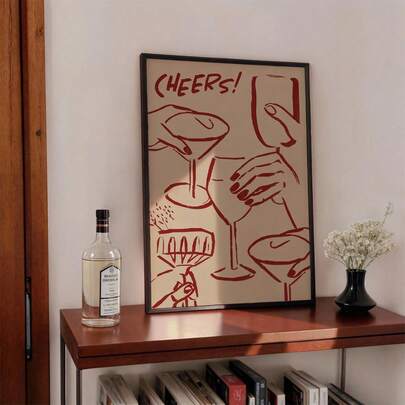 1PC Frameless Flat Canvas Print Featuring A Retro-Style Poster With The Word "Cheers" In Red Letters-A Simple Yet Stylish Champagne-Themed Decorative Piece Perfect For Kitchen Decor That Also Enhances The Aesthetic Appeal Of Your Living Room.