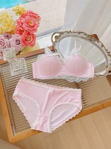 Belle Étoile 1PCS Pure And Cute Underwear Set, Women's Small Bust Gathering And Lifting Wireless Comfortable Lace Bra, Suitable For Daily Wear, Perfect For Giving To Besties, Friends, Or Lovers, The Most Sincere Gift - 粉色 - 查看 2