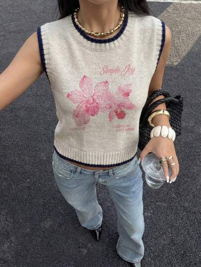Autumn And Winter New Round Neck Sleeveless Women Vest Simple Joy Floral Print,Woolen Woven Contrasting Color Trimmed Khaki,Back To School Casual Style Loose Women's Knitted Top Fall Clothes For Women Going Out Tops Women,Daily Dressing,Graduation Summer