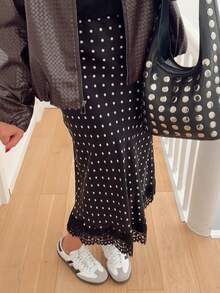 Women Satin Lace Trim Midi Skirt Polka Dot Print High Waist Long A-Line Skirts Vintage Silk Going Out Dress Y2k Streetwear Party Clubwear - 黑白-A - 查看 6