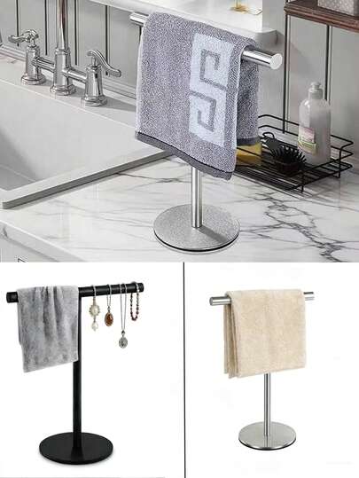 1 thanh treo khăn hình chữ T bằng thép không gỉ - Giá treo khăn để bàn cho phòng tắm và nhà bếp, giá đựng đồ đa năng cho phòng tắm, nhà bếp, phòng ngủ, thiết kế thời trang để treo khăn, trang sức và nhiều thứ khác, màu đen và bạc.