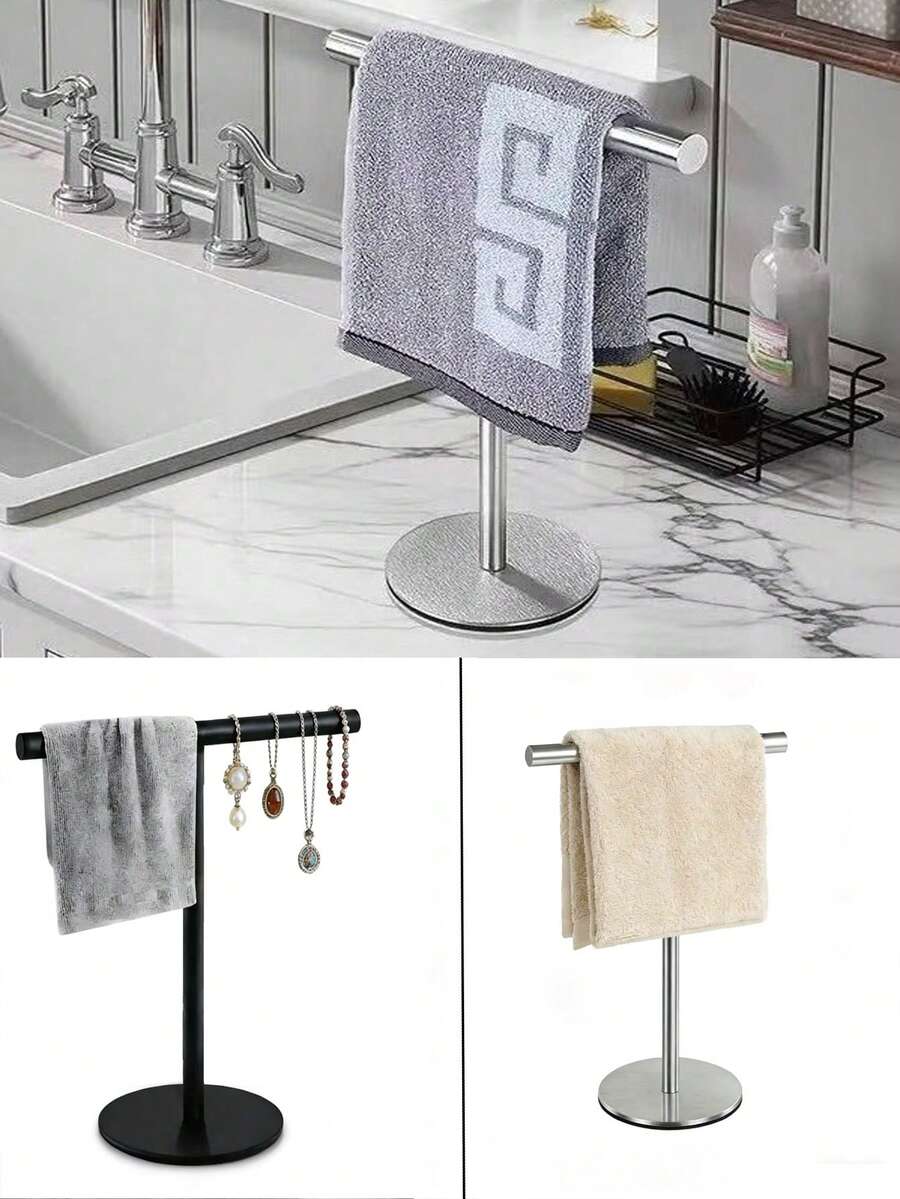 1 pièce Porte-serviette en T en acier inoxydable - Porte-serviette de comptoir pour salle de bain et cuisine, support de rangement polyvalent pour salle de bain, cuisine, chambre, design à la mode pour serviettes, bijoux et plus, noir et argent - Multicolore - Voir 1