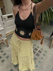 Women's Patterned Camisole Crop Top, Bohemian Style Casual Tie Front Vest Tank Top, Suitable For Summer Beach Vacation Black - Black - View 6