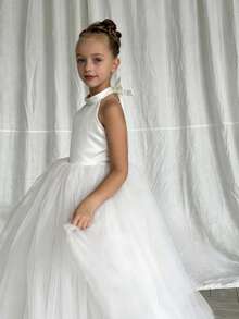 Váy công chúa lưới ngọc trai không tay cổ yếm nơ cho bé gái tuổi mới lớn, thích hợp cho tiệc sinh nhật, đám cưới, phù dâu, vũ hội, tiệc tùng, váy lễ hội cho dịp đặc biệt - trắng - Xem 3