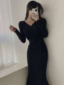 YCYC 女款 V 領前綁帶貼身洋裝，極簡性感風，秋冬款 - 黑色 - 查看 3