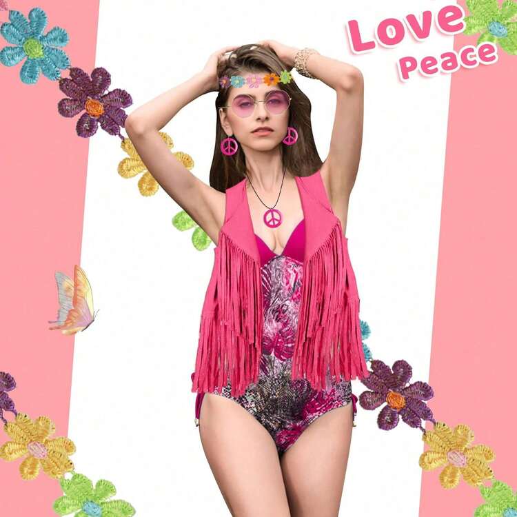 Áo vest nữ màu hồng tua rua kiểu hippie, dáng suông, kèm vòng cổ hình biểu tượng hòa bình và kính râm thời trang, phù hợp với trang phục hippie thập niên 1960. - Màu Hồng Tươi - Xem 3