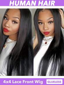 26英寸直发真人发无胶假发，4x4蕾丝，即戴即走，无需胶水，真人发，预先拔毛，预先剪裁，升级版蕾丝前假发，直发4x4无胶蕾丝闭合假发，女士款，150%密度，隐形贴合肌肤，无需胶水，蕾丝前闭合假发，自然黑（8-30英寸） - Natural Black - 查看 1