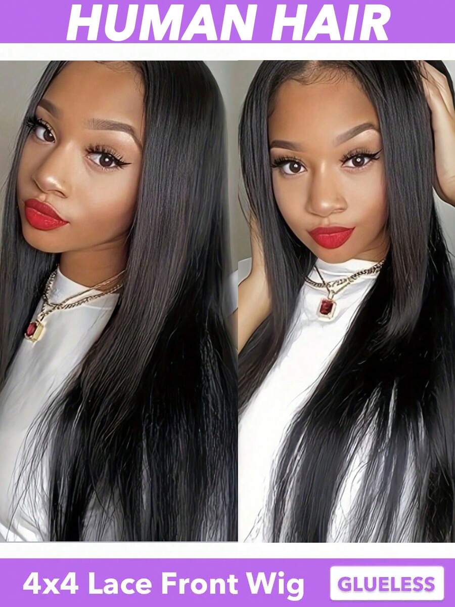 26英寸直发真人发无胶假发，4x4蕾丝，即戴即走，无需胶水，真人发，预先拔毛，预先剪裁，升级版蕾丝前假发，直发4x4无胶蕾丝闭合假发，女士款，150%密度，隐形贴合肌肤，无需胶水，蕾丝前闭合假发，自然黑（8-30英寸） - Natural Black - 查看 1