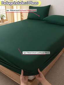 1 Fitted Sheet + 2 Pillowcases 3 PiecesSoft Brushed Bedding Set, Suitable For Bedroom & Guest Room, All Season, Machine Washable, Colors: Olive Green / Blue / Dark Coffee - Dark Green - View 4