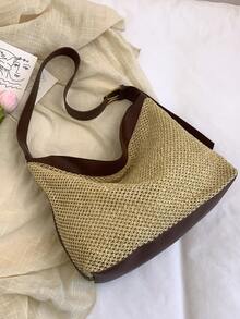 New Woven Beach Bag, Women Simple Shoulder Bag - Black - View 5