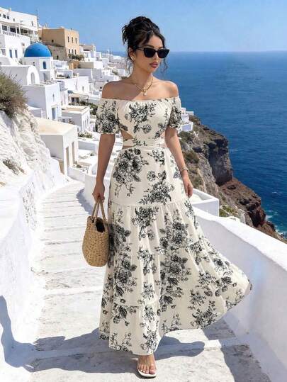 Vacation Style Denim Effect Off-Shoulder Backless Tie-Up Dress For Women, Summer