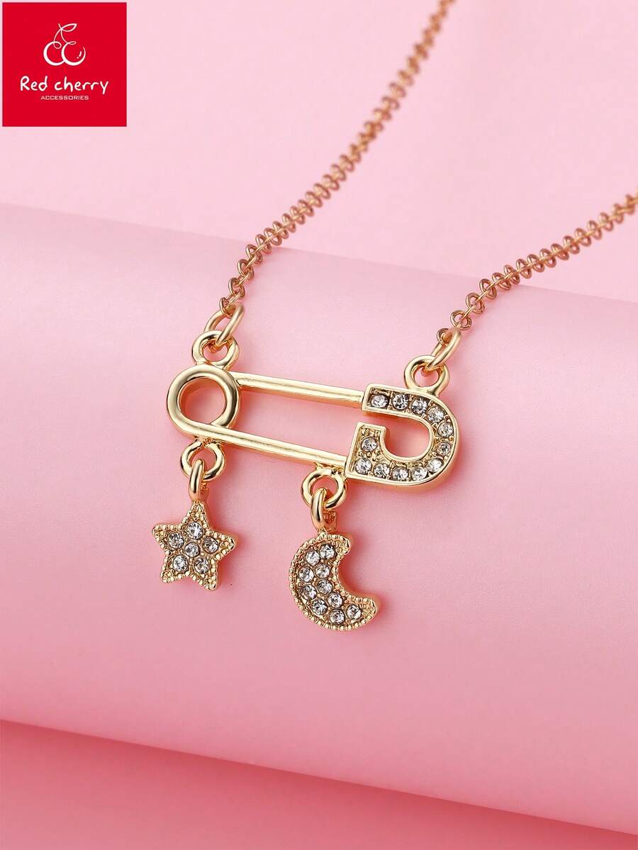 1 chiếc vòng cổ mặt dây chuyền hình ngôi sao và mặt trăng đính pha lê sáng tạo, thời trang dành cho trẻ em, thích hợp để đeo hàng ngày, làm quà tặng, dịp lễ. - Vàng - Xem 1
