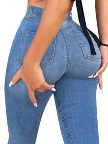 This Brand New Blue Y2K High-Waisted Slimming Stretch Denim Jeans Feature An Elegant And Fashionable Design, Versatile And Practical, Suitable For Casual, Street, And Retro Styles.It Is Suitable For All Seasons And Is Also An Ideal Choice For New Year And Valentine's Day. - 中藍色 - 查看 7