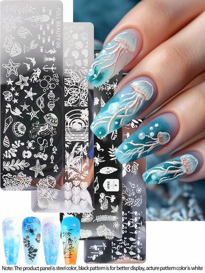 4pcs Ocean Beach Summer Nail Art Stamping Plate Jellyfish Starfish Flamingo Tropical Flower Leaf Print Nail Stamp Template Reusable Metal Nail Stencil Stainless Steel Manicure Tool For Summer Nail Art DIY Salon