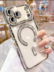 1PC Silver 2026 Advanced Shiny Rhinestone Phone Case, Compatible With IPhone 17 Apple Air 17e 16 15 14 13 12 11 Pro Max Plus, Magnetic Clear Lens Protection - Silver - View 6