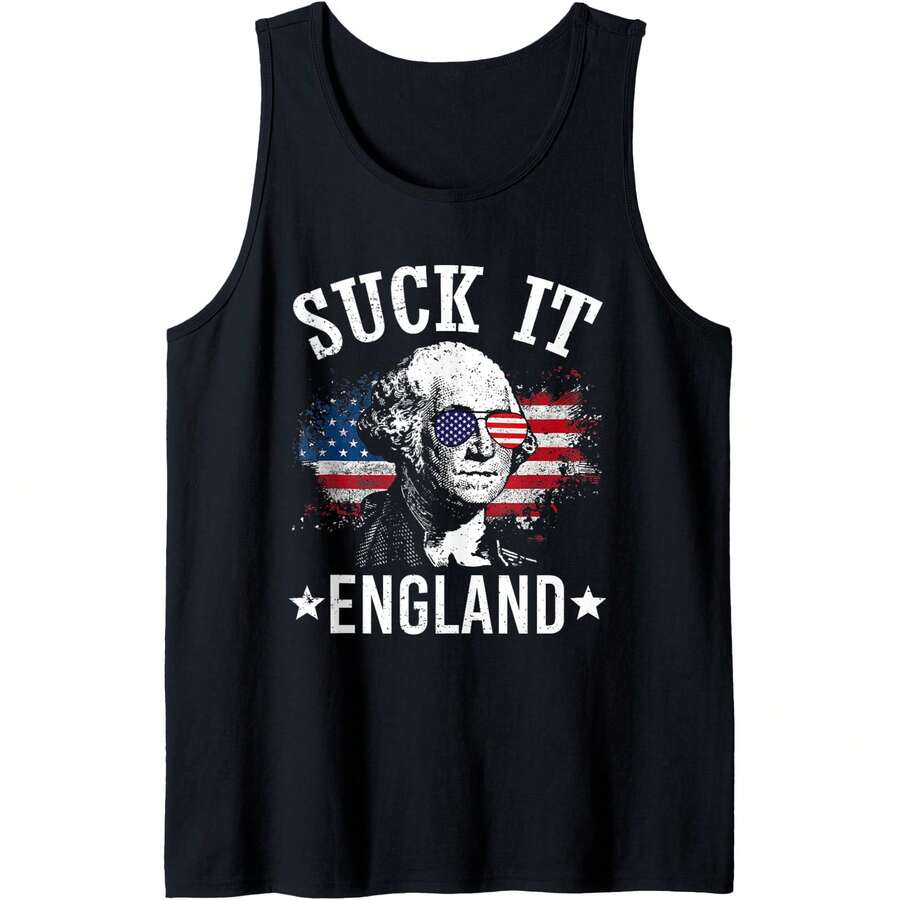 Camiseta "Suck It England" Camiseta de tirantes divertida del 4 de julio con George Washington - Negro - Ver 1