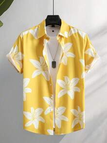 White Lily Bloom Pattern Symbolizing Purity Renewal And Sunshine Vitality Printed On Bright Yellow Short Sleeve 3D Men's Summer Casual Shirt For Beach And Holiday Wear - trắng - Xem 1