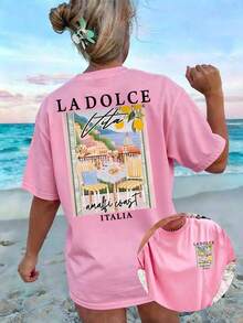 Women's Casual Plus Size Regular Sleeve Regular Length Round Neck T-Shirt, Printed With Italian Amalfi Coast Scenery Pattern, For Ladies Pink Summer - Pink - View 1