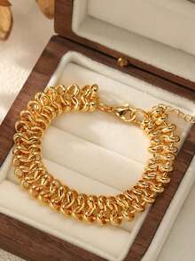 RAYQUEEN 1pc Stainless Steel Geometric Retro Hip-Hop Cool Bracelet For Women, Suitable As Holiday Gift - Yellow Gold - View 5