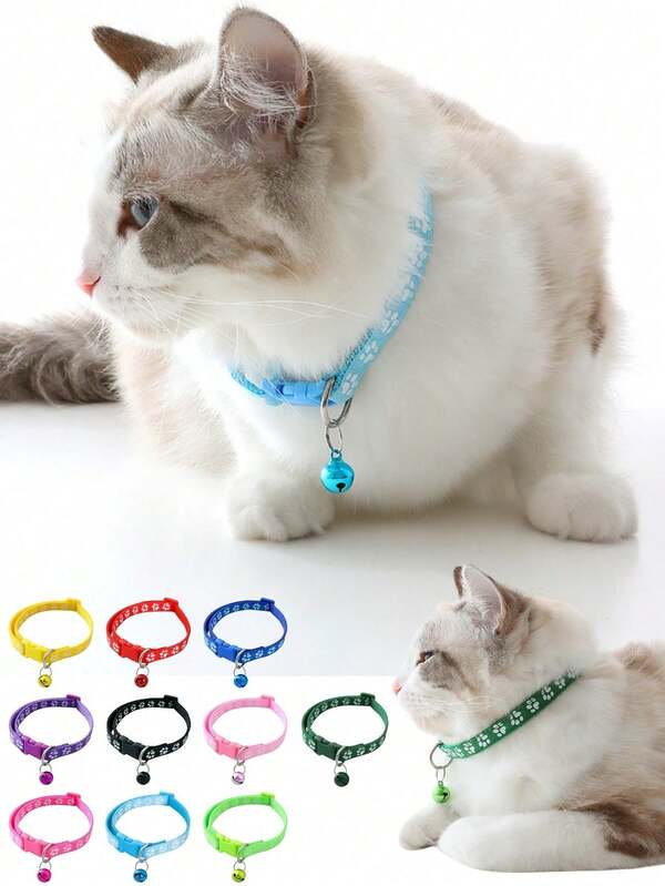 1pc Adjustable & Detachable Pet Collar With Bell, Prevents Neck Pressure. Cute Puppy Collar With Paw Print Pattern, Adorable Kitten Collar, Pet Leash, Reflective Sticker Pet Collar Set